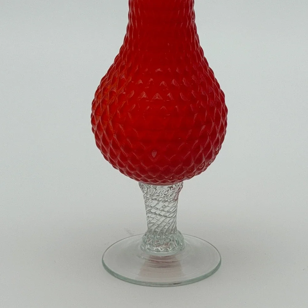 Murano Red Bullicante Diamond Point Glass Vase Ruffled Rim Twisted Stem Italy‎
